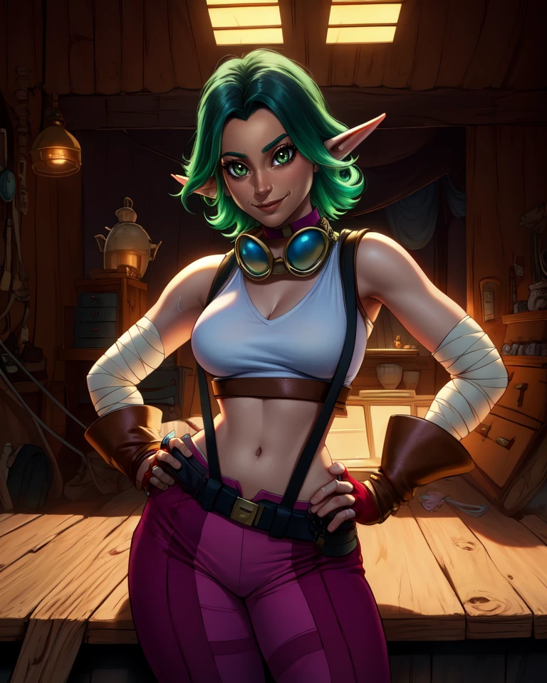 Kiera,green hair,pointy ears,green eyes,two-tone hair,solo,standing,smiling hands on hips,upper body,
cleavage,goggles around neck,suspenders,crop top,belt,bare shoulders,bandages,pants,midriff,brown fingerless gloves,
fantasy,repair shop,indoors,
(insanely detailed, beautiful detailed face, masterpiece, best quality) cinematic lighting,<lora:Kiera-10JD7:0.8>,