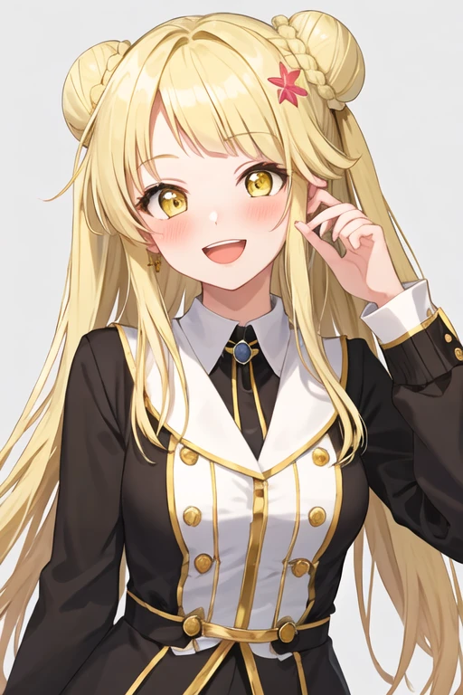 best quality, masterpiece, highres, solo, {tsurumaki_kokoro_bangdream:1.15}, blonde_hair, bangs, long_hair, yellow_eyes, smile, blush, open_mouth, :d, 1girl, double_bun, hair_bun, looking_at_viewer, closed_mouth, long_sleeves, grey_background, head_rest, head_tilt, sidelocks, simple_background, upper_body