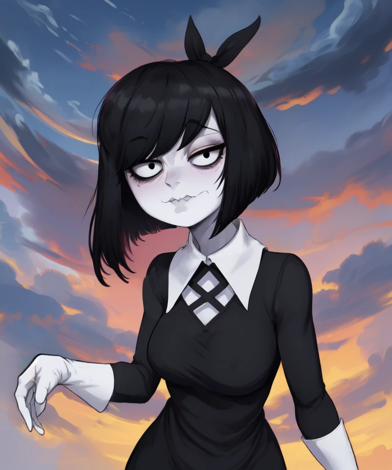 Susie,short hair,bags under eyes,pale skin,wavy mouth,black eyes,(right eye half closed),(left eye open:1.3),
black dress with white collar,long sleeves,long white gloves,black hair ribbon,cowboy shot,
standing,upper body,
night,cloudy,
(insanely detailed, beautiful detailed face, masterpiece, best quality),solo,<lora:Susie-10TO:0.8>,