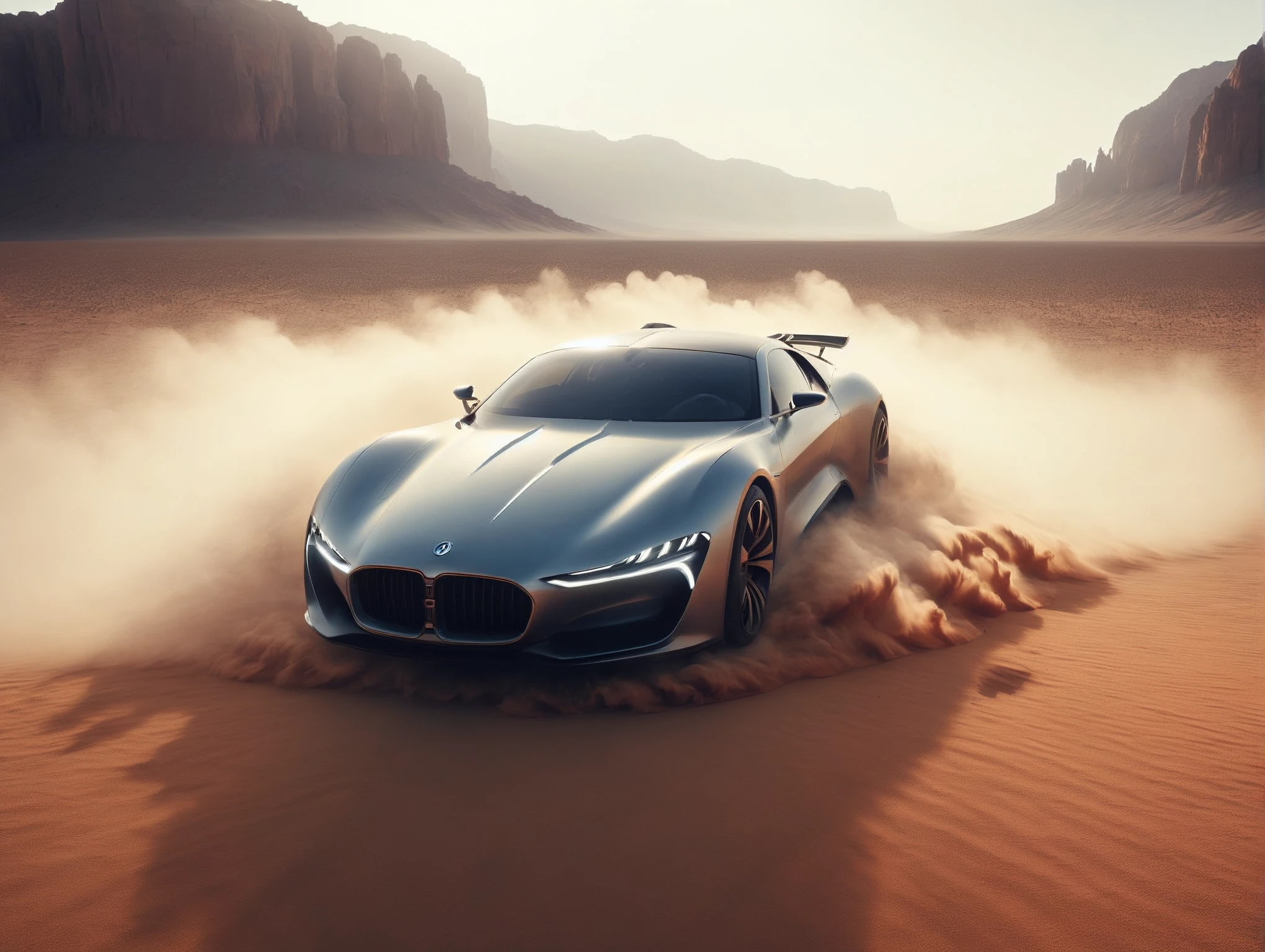 Photograph of Futuristic car on desert , captured on a (Hasselblad X1D II 50C)