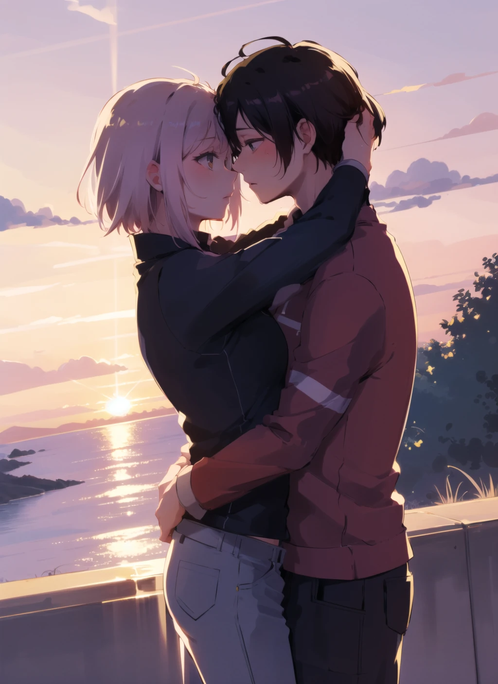 forehead-to-forehead, 1girl, 1boy, hetero, sunset, hug, <lora:forehead-to-forehead_v1:0.9>