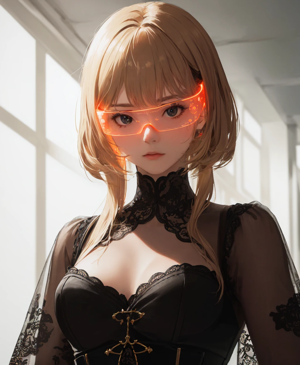 1girl, cyber_glasses, glowing, upper body, <lora:cyber_glasses-07:0.65>, dark lighting, (vignetting:1.3), (Random:1.3), asymmetrical hair, medium blonde hair, prominent eye shape, black eyes, medium breasts, corset, old-fashioned barbershop with classic details, (masterpiece, best quality, absurdres, detailed, ultra-detailed:1.3), charming, (hologram effect:1.3)