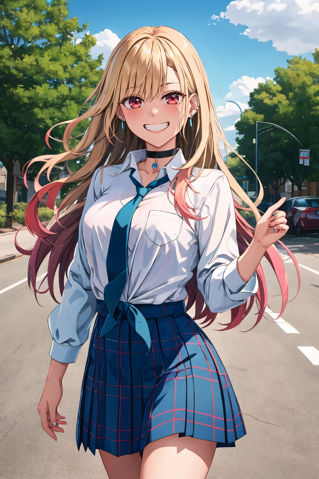 masterpiece, best quality, highres, kitagawa marin, 1girl, blonde hair, long hair, multicolored hair, red eyes, jewelry, earrings, piercing, school uniform, white shirt, tied shirt, black choker, blue necktie, plaid skirt, <lora:kitagawa_marin_v1-1:0.7>, grin, smile, standing, cowboy shot, outdoors, <lora:Hiroshi-Style-RC_beta:1>