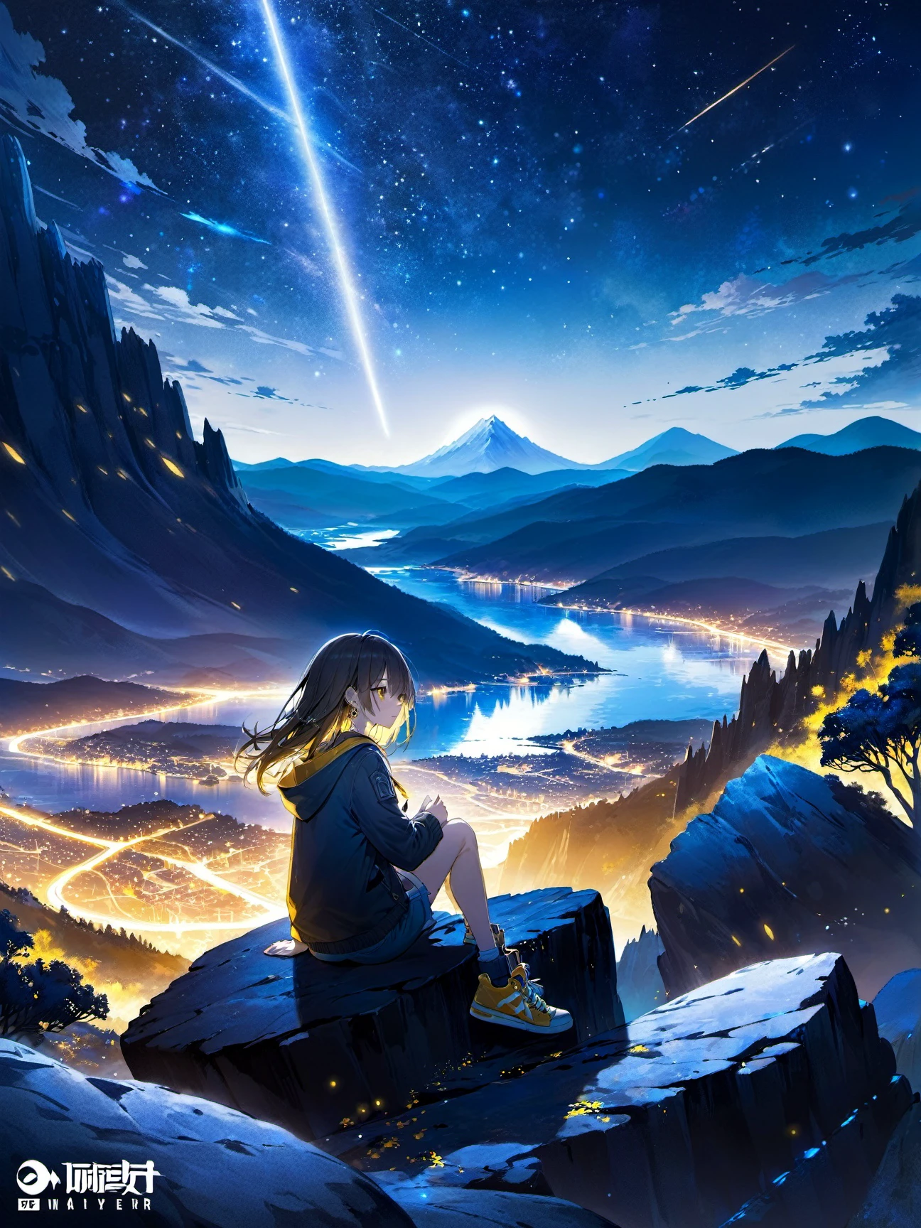 cinematic photo (masterpiece), (best quality), (ultra-detailed), stelle, honkai: star rail, official art, 1girl, solo, gouache, starry sky, mountain, long hair, hoodie, shorts, sneakers, yellow eyes, tsurime, sitting on a rock, stargazing, milky way, shooting star, tranquil night., illustration, disheveled hair, detailed eyes, perfect composition, moist skin, intricate details, earrings, film, professional,