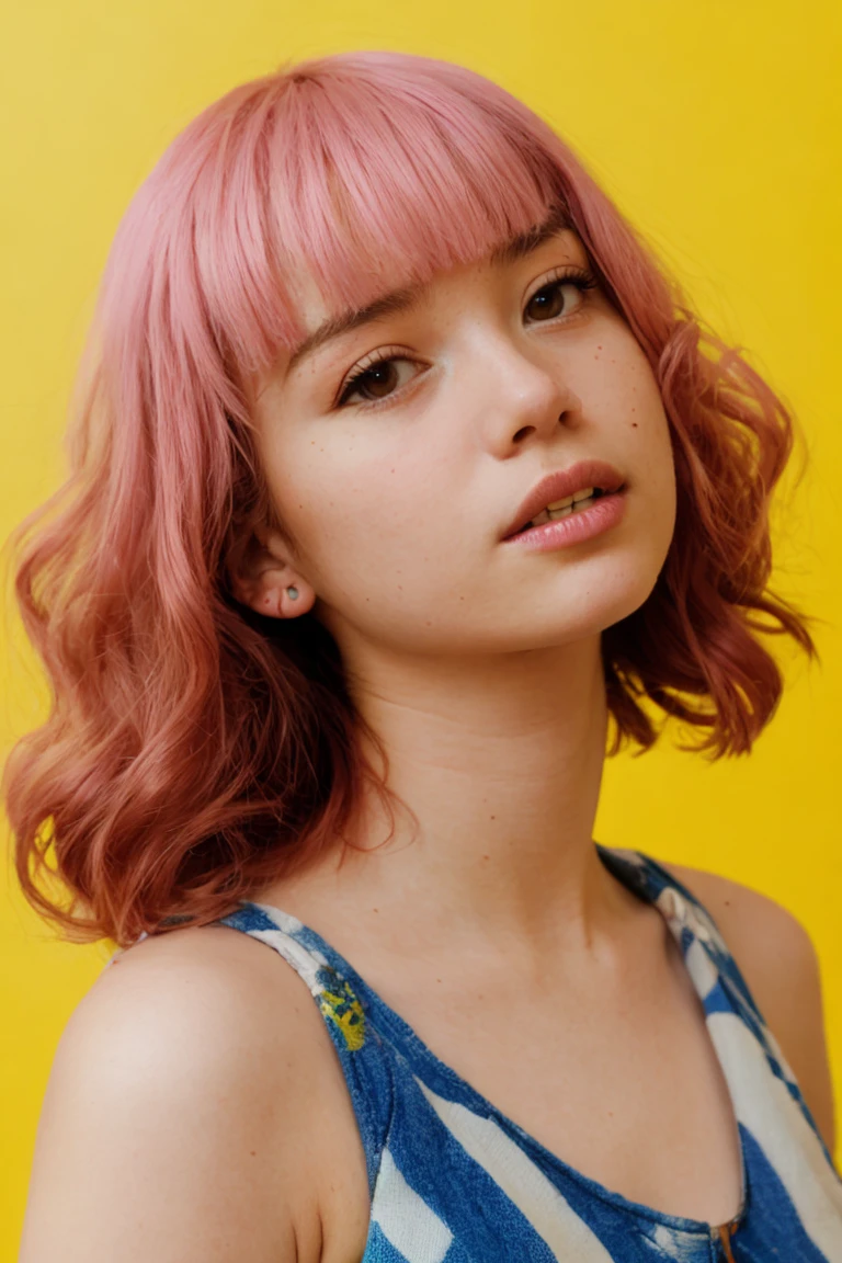 Film still, cinematic,, flash photography, 2005 cute emo woman by sachin teng, scene girl, pastel hair, vibrant yellow background, 80s art by ettore sottsass and shiro kuramata, sharp focus, detailed skin texture, detailed eyes,