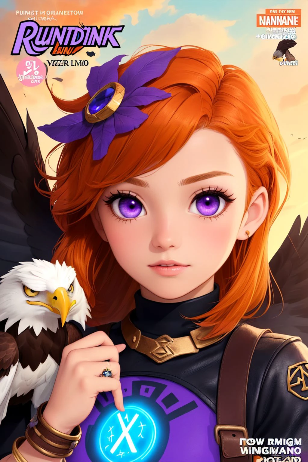 1girl, Fairy punk portrait of a ((Guardian Ranger with Violet eyes, Bright orange Blowout hair, and Bronze skin)). (Bright eyes and Ancient Runes). (Leather Wristband and holds a special Ring of Memory). Dressed in the (style of Comic book) (with Sky Islands in the background and accompanied by a Windborne Eagle).