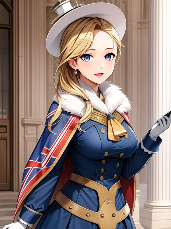 <lora:Hood_v3:1>1girl, black pantyhose, blonde hair, blue capelet, blue dress, blue eyes, blue skirt, def, earrings, frilled skirt, hair over shoulder, hat, hood_(azur_lane), jabot, jewelry, long dress, long hair, long skirt, long sleeves, tilted headwear, union jack, white gloves, white headwear, <lora:flatBG:-0.5> ,<lora:flat2:-0.5> ,<lora:hyperrefiner_v090:0.5> ,(dark light:1.2),(hyper extreme detailed),(masterpeace:0.5),(hyper extreme),(photorealistic),game cg,llustration,novel illustration,beautiful lighting,light from the front,good_hands,beautiful art ,BREAK