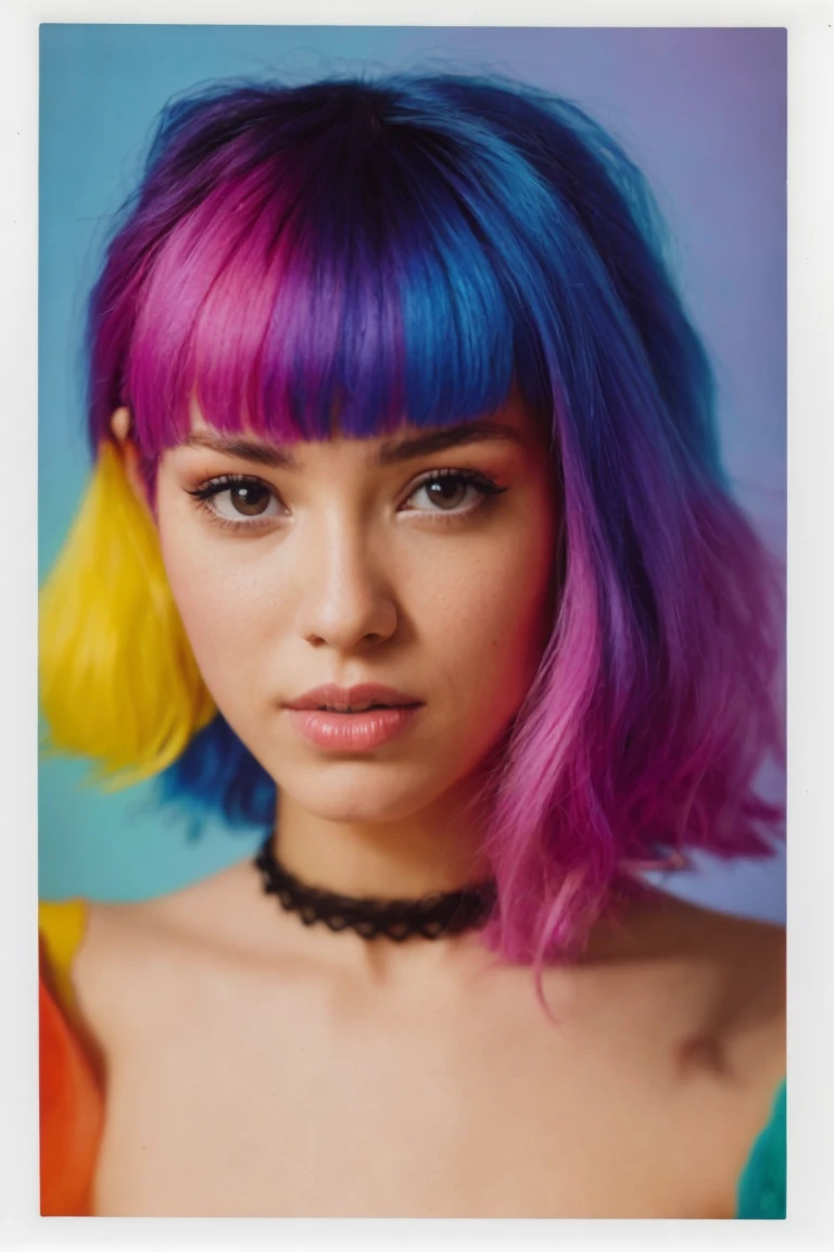 Polaroid black tone low key film, shot by Terry Richardson, flash photography, masterpiece, best quality, abstract 2005 beautiful woman by sachin teng, scene girl, wearing fishnets, pastel hair, vibrant yellow background, 80s art by ettore sottsass and shiro kuramata, sharp focus