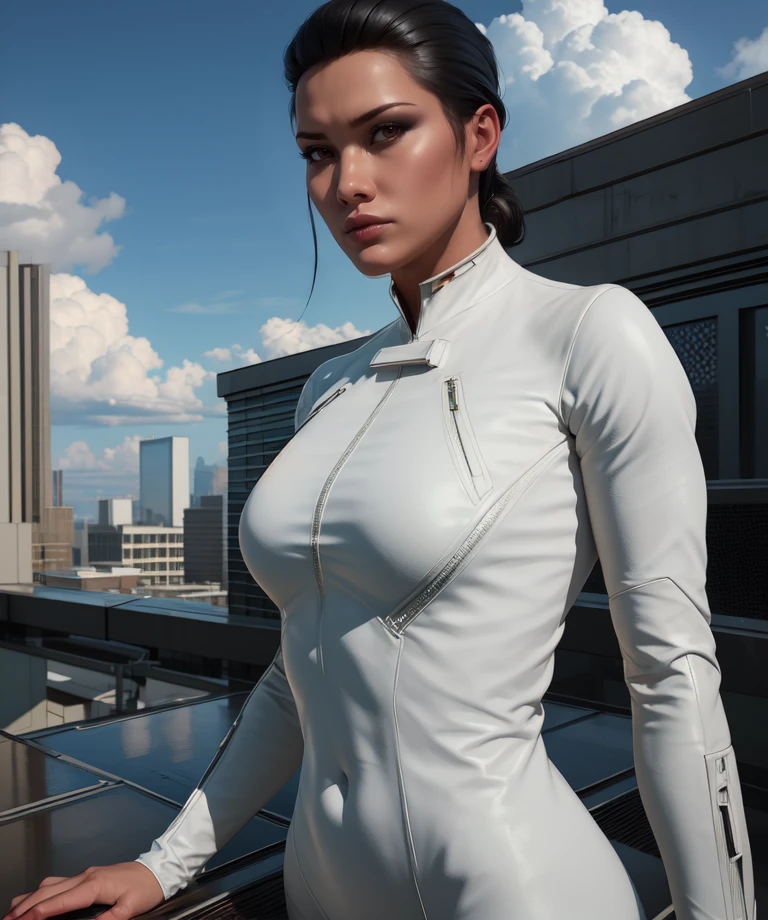 isabel,brown eyes,hair slicked back,black hair,bang,
white bodysuit,long sleeves,looking at viewer,
standing,upper body,
science fiction,white buildings,morning,clouds,rooftop,
(insanely detailed, beautiful detailed face, masterpiece, best quality),solo,<lora:isabelkruger:0.8>,