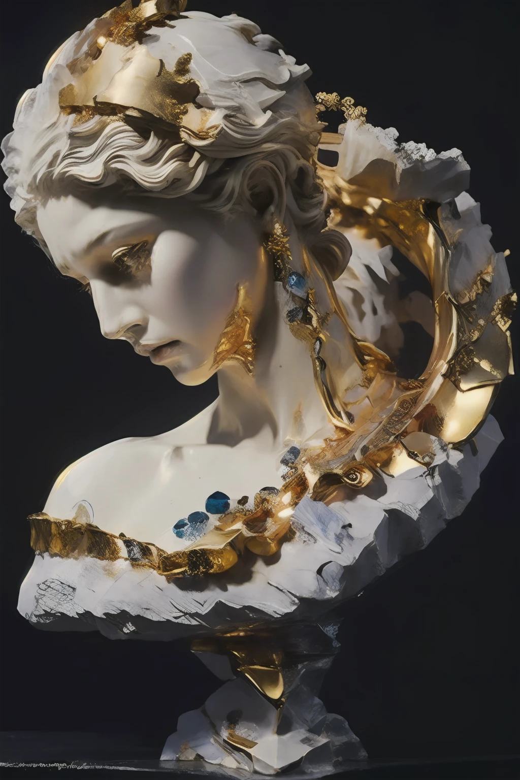 1girl, solo, Sculpture, white skin, face shot, crack, strong reflection, black background, studio lighting, golden stroke