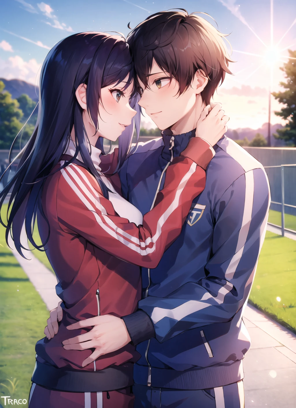 forehead-to-forehead, 1girl, 1boy, hetero, tracksuit, outdoors, lens flare, <lora:forehead-to-forehead_v1:0.9>