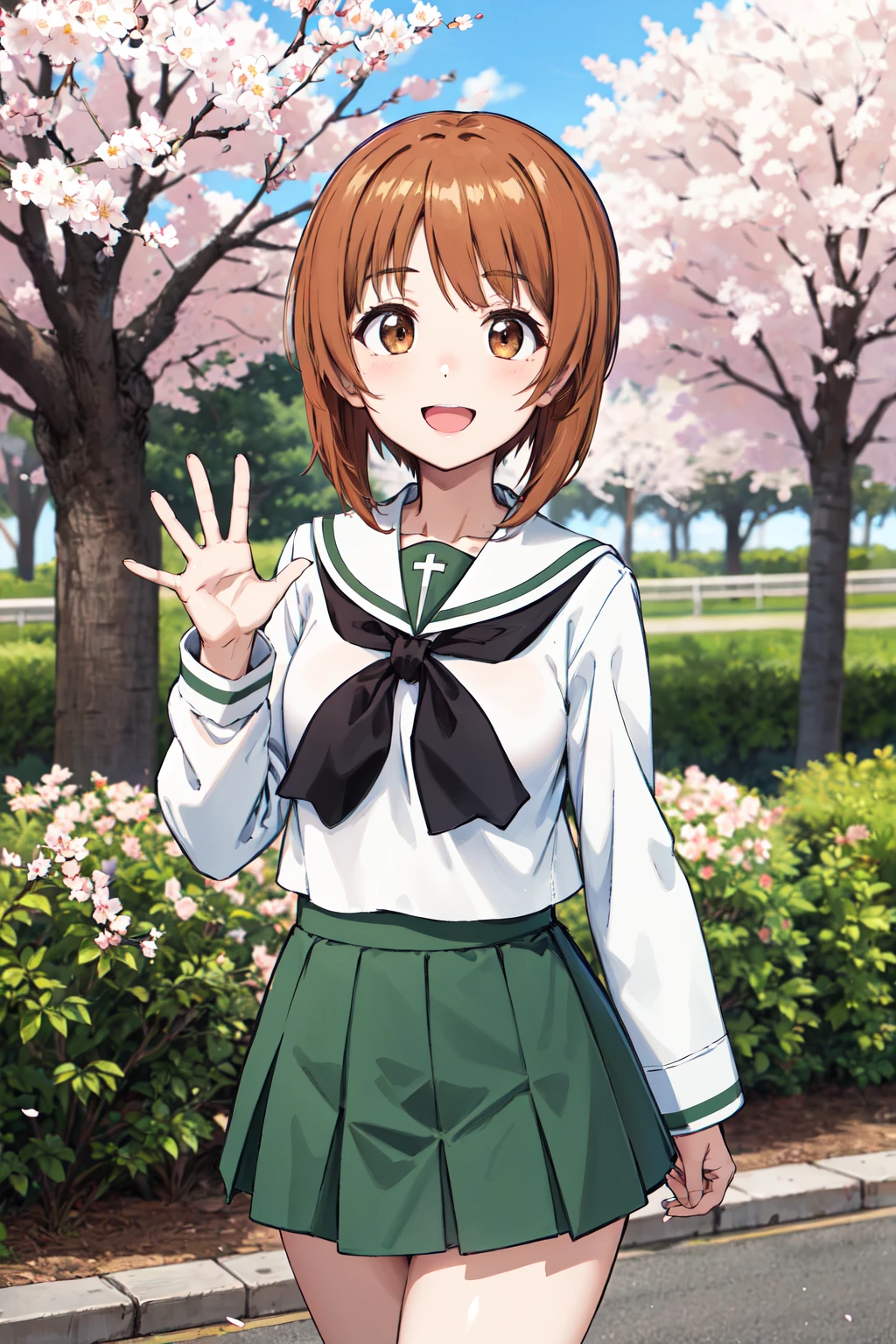 masterpiece,best quality,highres,ultra-detailed,aamiho,1girl,brown eyes,brown hair,orange hair,short hair,ooarai school uniform,white sailor collar,black neckerchief,white shirt,long sleeves,green skirt,(black socks:1.2),loafers,<lora:nishizumi_miho:0.8>,outdoors,cherry blossoms,standing,cowboy shot,smile,waving,