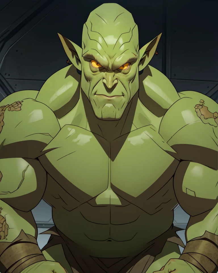 MonsB,yellow eyes,bald,muscular,pointy ears,green skin,
topless male,loincloth,biceps,
standing
secret base,
(insanely detailed, beautiful detailed face,beautiful detailed eyes, masterpiece, best quality),solo,<lora:Monster:0.8>,