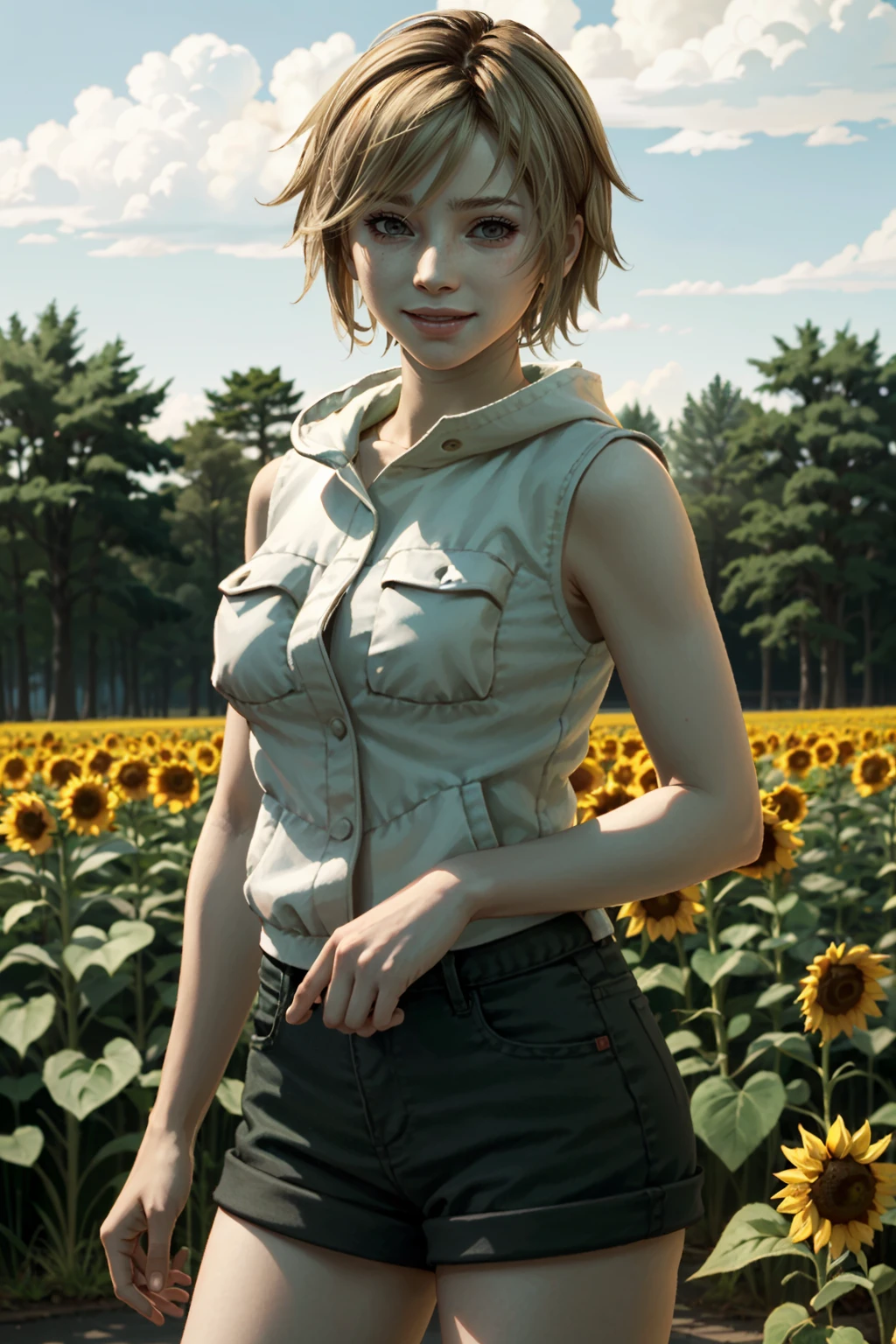 ((ultra detailed, masterpiece, best quality))
<lora:SH3Heather:0.8>
SH3Heather, 1girl, solo, surrounded by sunflowers in a bright field, smiling, happy