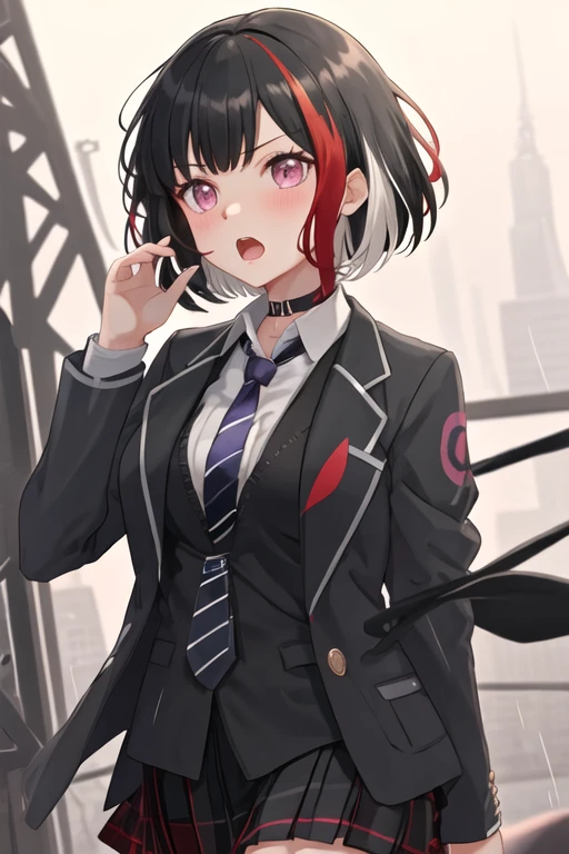 best quality, masterpiece, highres, solo, {mitake_ran_bangdream:1.15}, black_hair, red_hair, multicolored_hair, streaked_hair, short_hair, bangs, blush, bob_cut, purple_eyes, breasts, collarbone, red_eyes, 1girl, blazer, grey_jacket, jacket, looking_at_viewer, necktie, school_uniform, shirt, striped_necktie, collared_shirt, striped, upper_body, white_shirt, hand_up, long_sleeves, open_mouth, black_necktie, rain