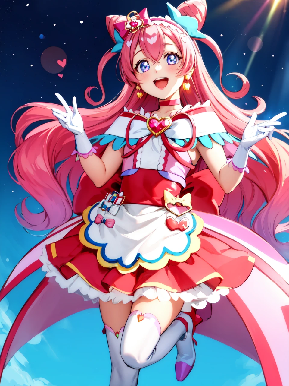 masterpiece, best quality, looking at viewer, depth of field, full body, open mouth,
1girl, <lora:locon_cure_precious_03:0.8>, cure precious, two side up, cone hair bun, large hair ribbon, hairband, heart brooch, waist apron, white gloves, white boots, earrings,
smile, (gradient background), lens flare,