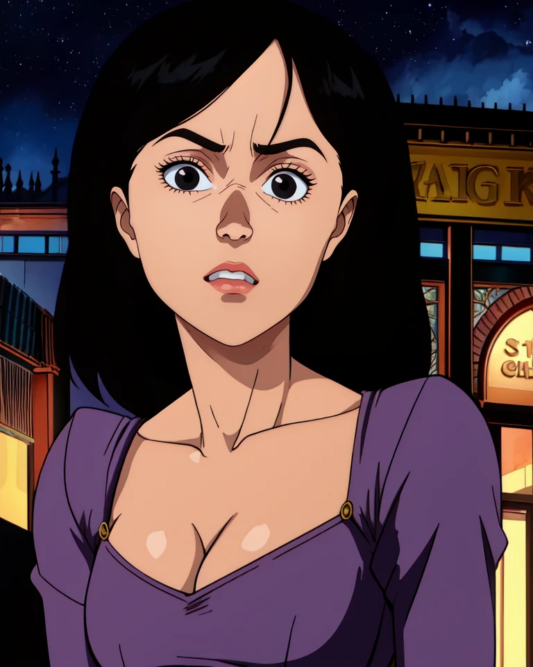 1girl standing,black hair,black eyes,
dress,cleavage,
standing,upper body,serious,
night,stars,stores,
(insanely detailed, beautiful detailed face, masterpiece, best quality),solo,<lora:akiraMovie:1>,
