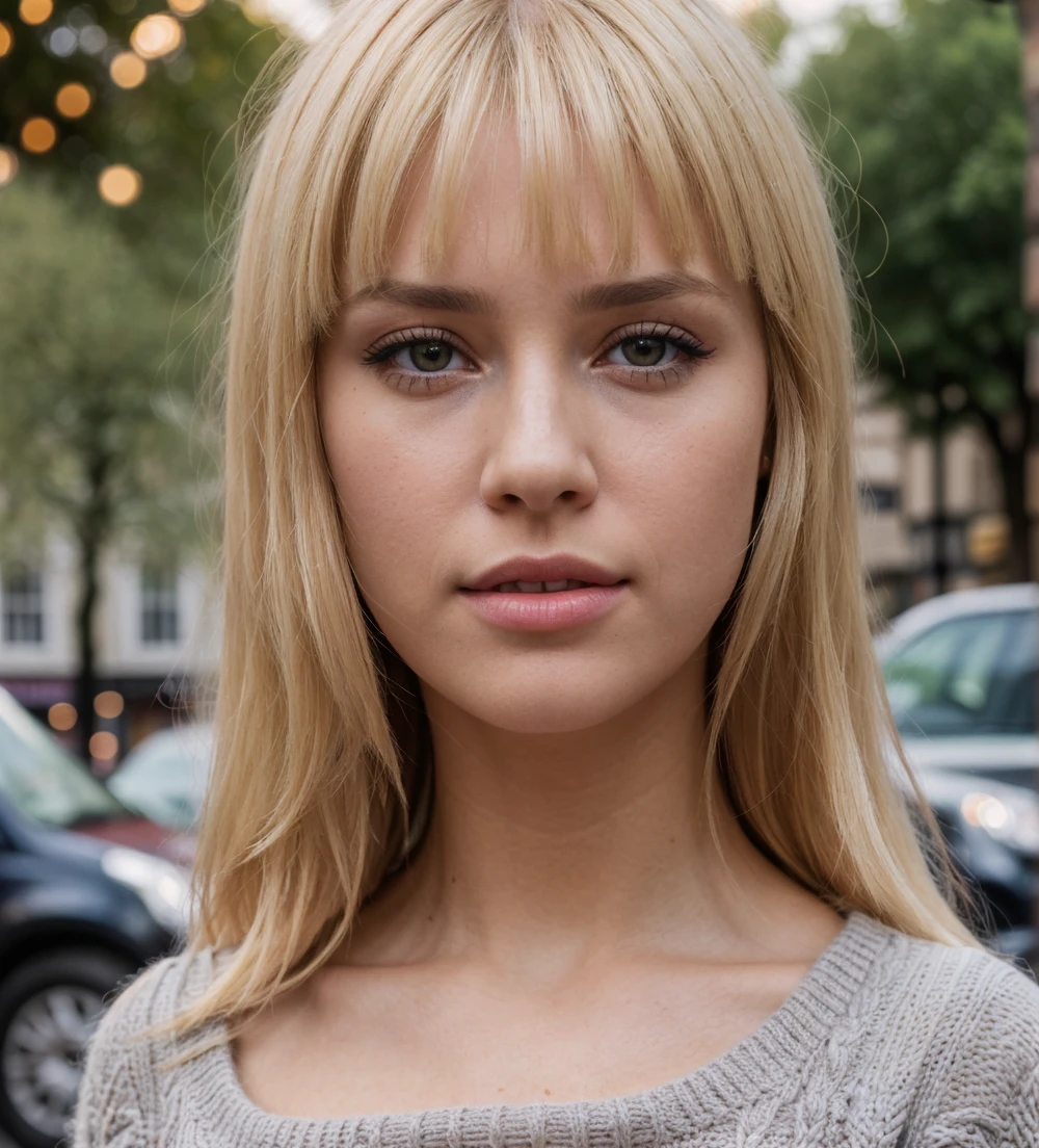 1girl, Close-up, (beautiful girl, make up), (Age 25), (happy, light blonde hair, lips, parted bangs, London, England, dusk:1.2), , HD, lens flare, cable knit sweater, pleated skirt, and loafers, looking at viewer, (RAW Photo, cg unity, photography, ultra realistic details, sharp focus, detailed skin,4k, high-res, masterpiece, best quality:1.1), (realistic, photo-realistic:1.37) (8k,4k, UHD, high resolution, professional, cinematic, movie, dramatic, noise), (detailed background:1.25), bokeh anamorphic depth of field blur background