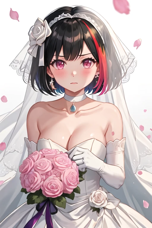 best quality, masterpiece, highres, solo, {mitake_ran_bangdream:1.15}, black_hair, red_hair, multicolored_hair, streaked_hair, short_hair, bangs, blush, bob_cut, purple_eyes, breasts, collarbone, red_eyes, 1girl, bare_shoulders, bridal_veil, choker, dress, flower, hair_flower, hair_ornament, jewelry, looking_at_viewer, pink_flower, rose, strapless, veil, wedding_dress, gloves, pink_rose, white_gloves, bow, ribbon, strapless_dress, upper_body, white_dress, white_flower, cleavage, earrings, gem, hair_ribbon, hand_up, petals, pink_background, simple_background, white_background, white_ribbon
