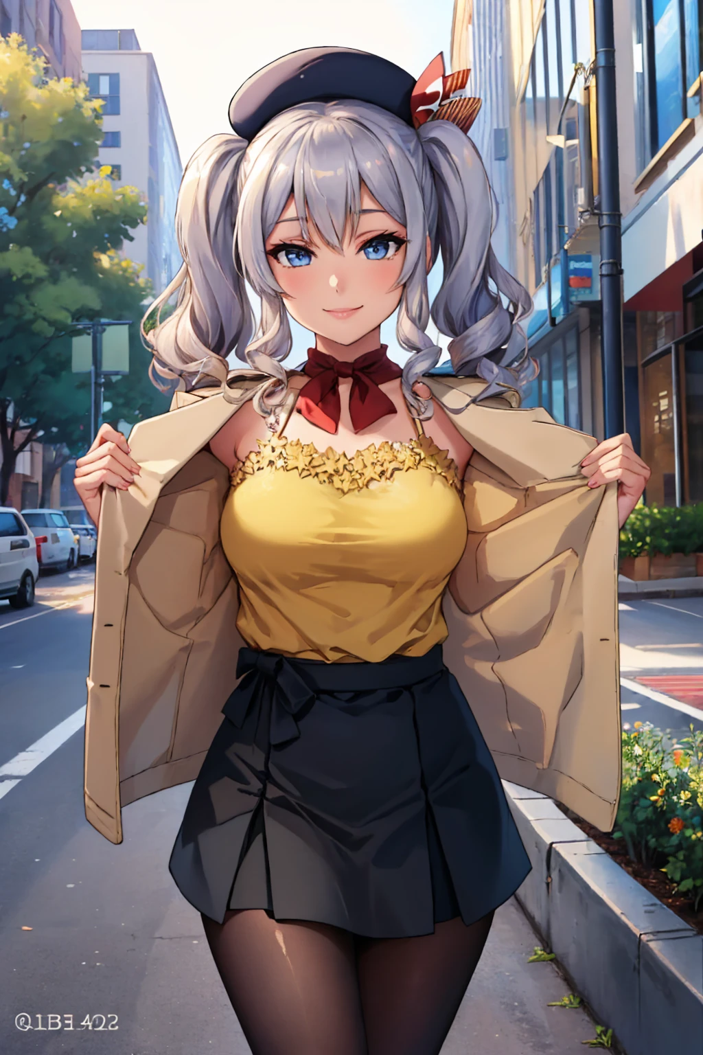 (masterpiece, best quality:1.2), solo, 1girl, kashimamitsukoshi, smile, looking at viewer, twintails, beret, jacket, yellow shirt, skirt, black pantyhose, outdoors, city street <lora:kancolle_kashima-10:1>