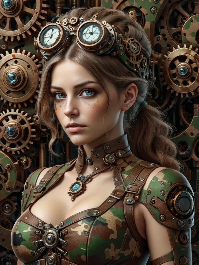 (masterpiece, best quality:1.2) steampunk style portrait of woman, 1girl,  steampunk accessories with neural connections, blend of organic and mechanical elements, organic meets artificial, antique, mechanical, illustration, fantasy, gears, intricate, detailed symbolic, 8k, UHD, extremely detailed art, trending on artstation, style of Donato Giancola, ral-camo <lora:ral-camo-sdxl:1>