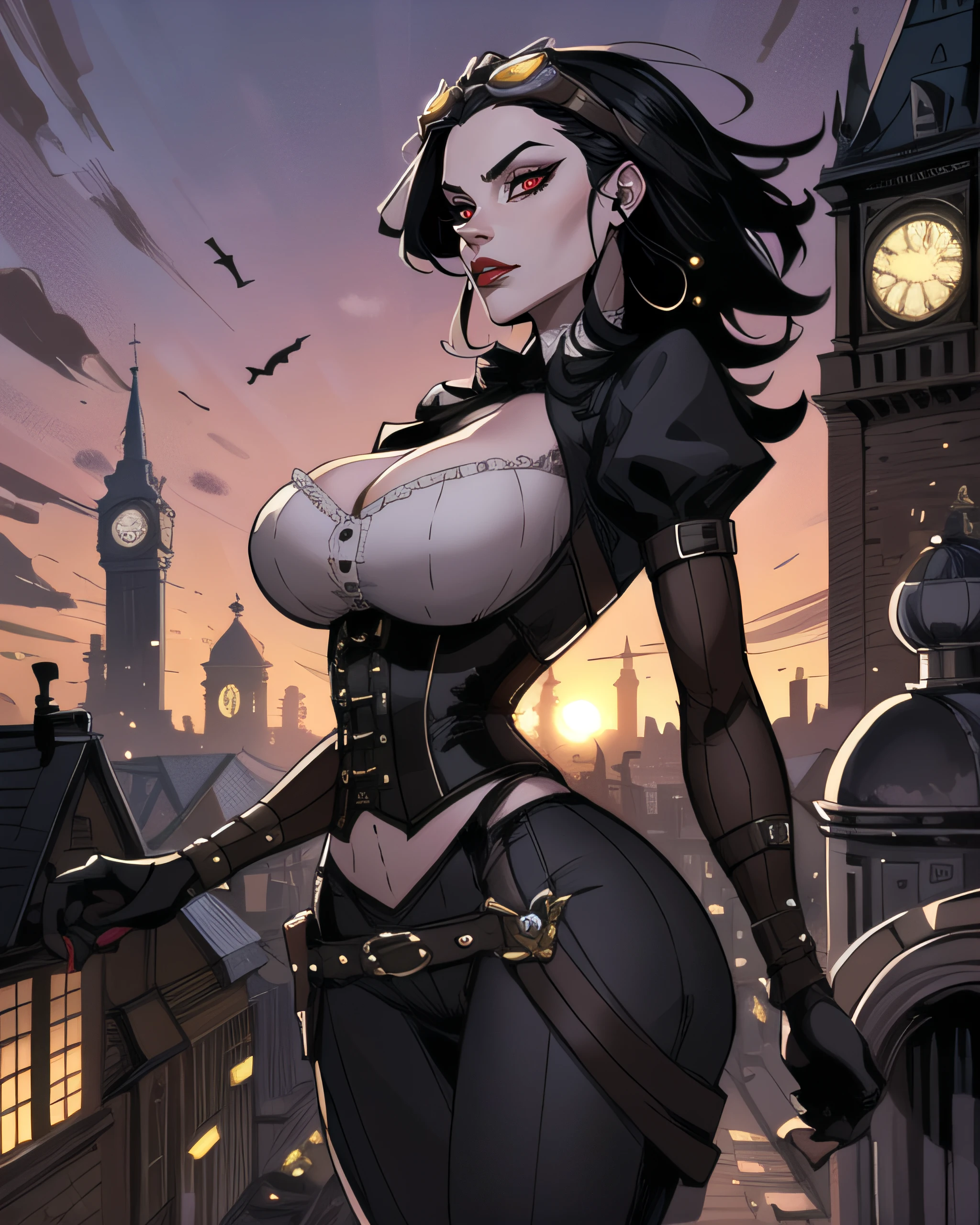 highly insanely detailed, masterpiece, top quality, best quality, highres, 4k, 8k, RAW photo, (1girl),solo,LadyM, red eyes, black sclera, black hair, red lips, goggles on head, pants, corset,
(large breasts), (wide hips),
smug look,
line art,
outdoors, city,town,clock tower, sunset,steampunk, (facing viewer), cleavage, from side,
looking at viewer,
magic particles,
dust particles,
(wind), <lora:LadyM_v02-000001:1>