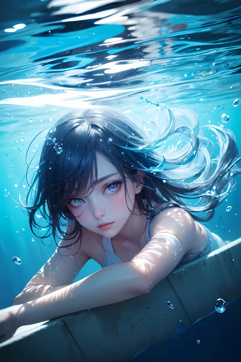 glowing eyes.abstract background,(illustration:1),masterpiece,best quality,detailed face and eyes,1 girl,underwater hair physics,air bubbles,light coming through water,school of fish,reflections,laying in water,split layers of water,beauty,