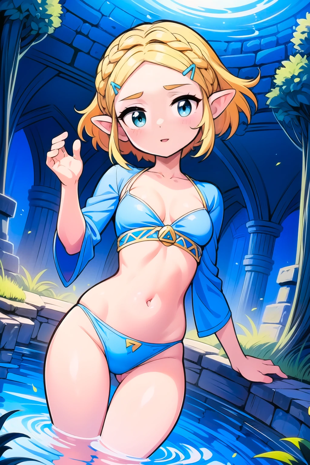 thigh gap, perfect hands, 1girl, (cowboy shot, lineart, illustration, absurdres, high quality, 8k image, atmospheric lighting, knee deep in water, overgrown temple, pond), <lora:GoodHands-vanilla:1>, <lora:thicc_v2.3:0.7> wide hips, narrow waist, <lora:zelda_1:0.9> aazelda, short hair, crown braid, hairclip, ((blue croptop, cleavage, midriff, blue panties)),  <lora:RyujinStyleV2:1>