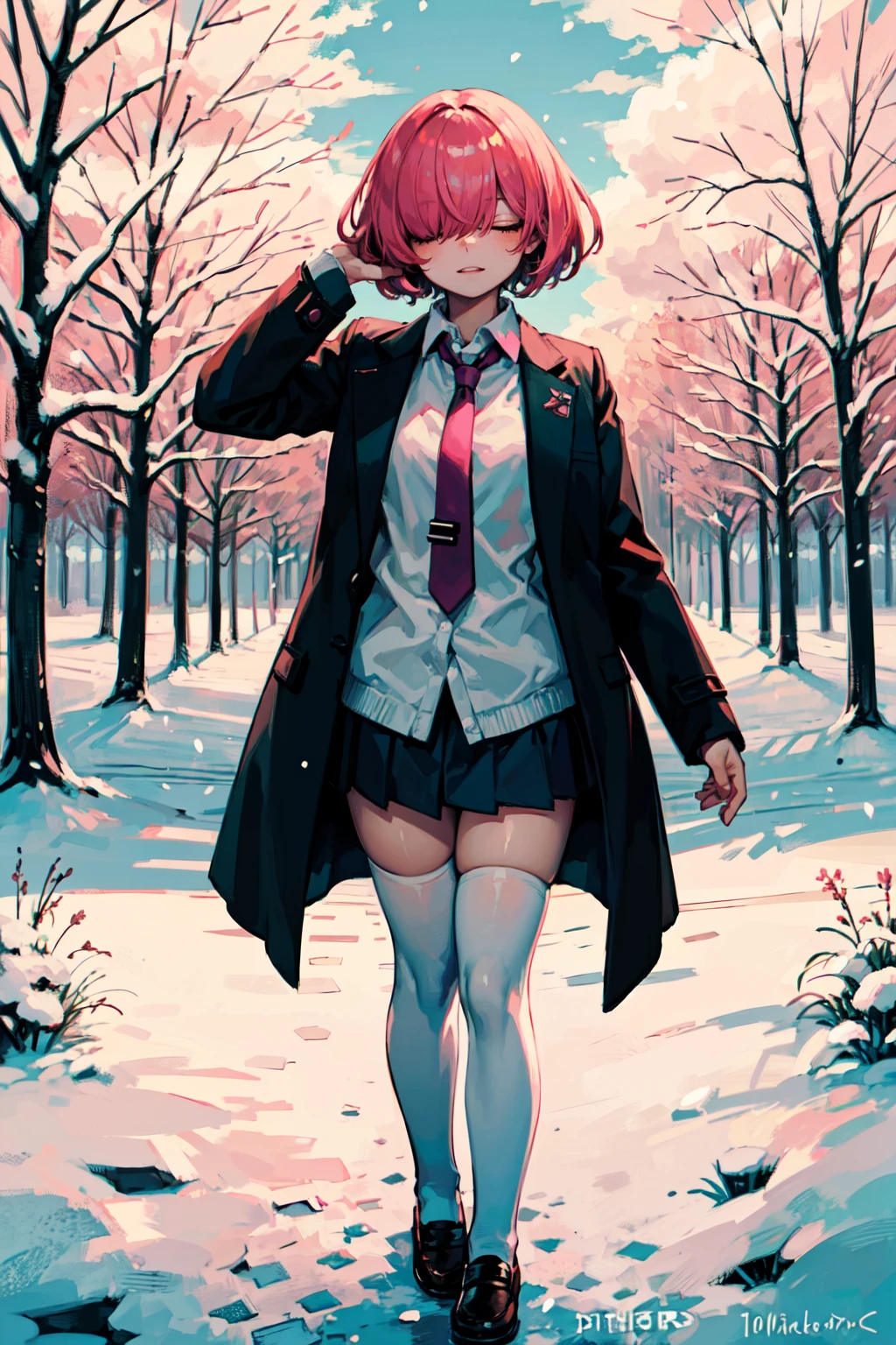 full body, dynamic pose(1female), irritating face, pink hair, very short hair, hair over eyes, (school uniform, thick coat, white shirt with name tag, necktie,white thighhighs), snowland, forest, (best quality, masterpiece:1.1), scenery,