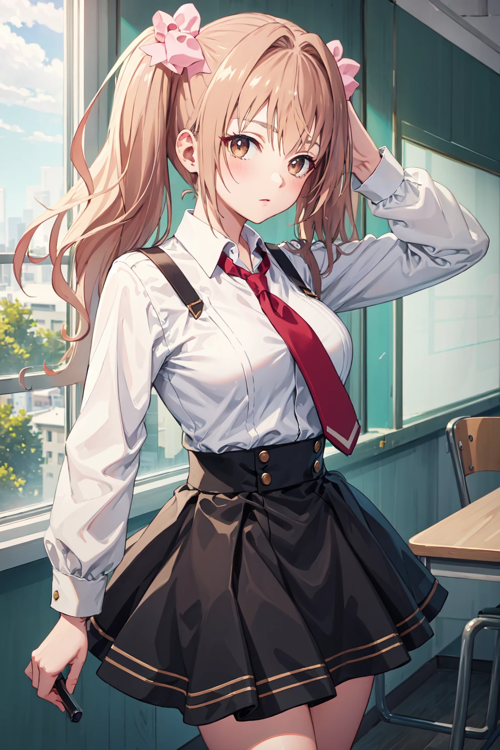 masterpiece, top-quality, hight resolution, SD1, Charlotte Dunoy, poneyTail, student clothes, skirt by the, Hair Ribbon, a belt, long-sleeve, cowboy shot,Panchira、sexy for,Underwear is visible、The wind is blowing