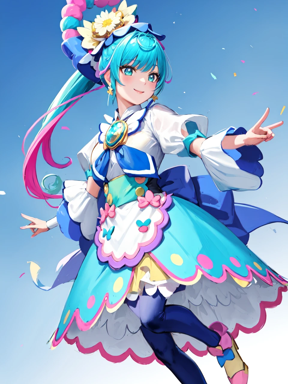 masterpiece, best quality, looking at viewer, depth of field, standing, full body, 
1girl, <lora:locon_cure_spicy_02:0.9>, cure spicy, multicolored hair, ponytail, blue high heels, blue legwear, headwear, brooch, earrings, ahoge, apron, ribbon, wristwatch, hat,
long dress, hat, hair flower, white skirt, long sleeves, wide sleeves, 
smile, ((gradient background)), lens flare,