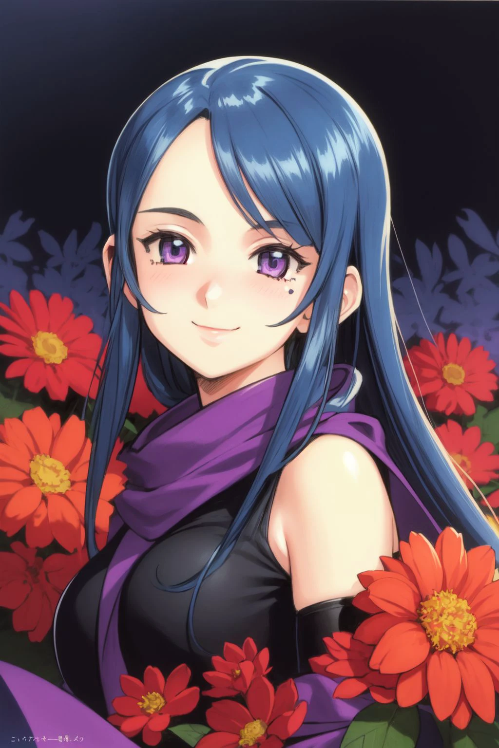 upper body, solo, 1girl, looking at viewer, smile, blush, medium breasts, blue hair, long bangs, dark purple eyes, beautiful detailed face, ultra detailed eyes, dark grey stole, night, Nephrolepis \(flower\), floral background <lora:fujishima_kousuke_style_v04:1>
