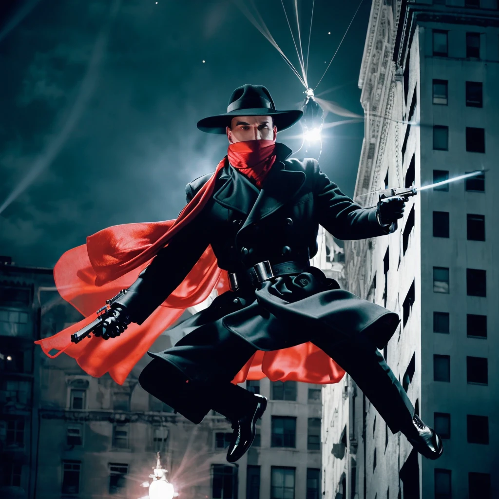 ((a man jumping backwards from a building shooting at somebody. illuminated by a helicopter light, scarf floating in the wind, weapons crossed in front of him)),Highly detailed,masterpiece, best quality, photorealistic, <lora:TheShadowLora:0.8> 1boy, hat, weapon, gun, gloves, holding weapon, handgun, scarf, mask, fedora, dual wielding, trench coat, red scarf, coat, cape, black hair, black gloves
