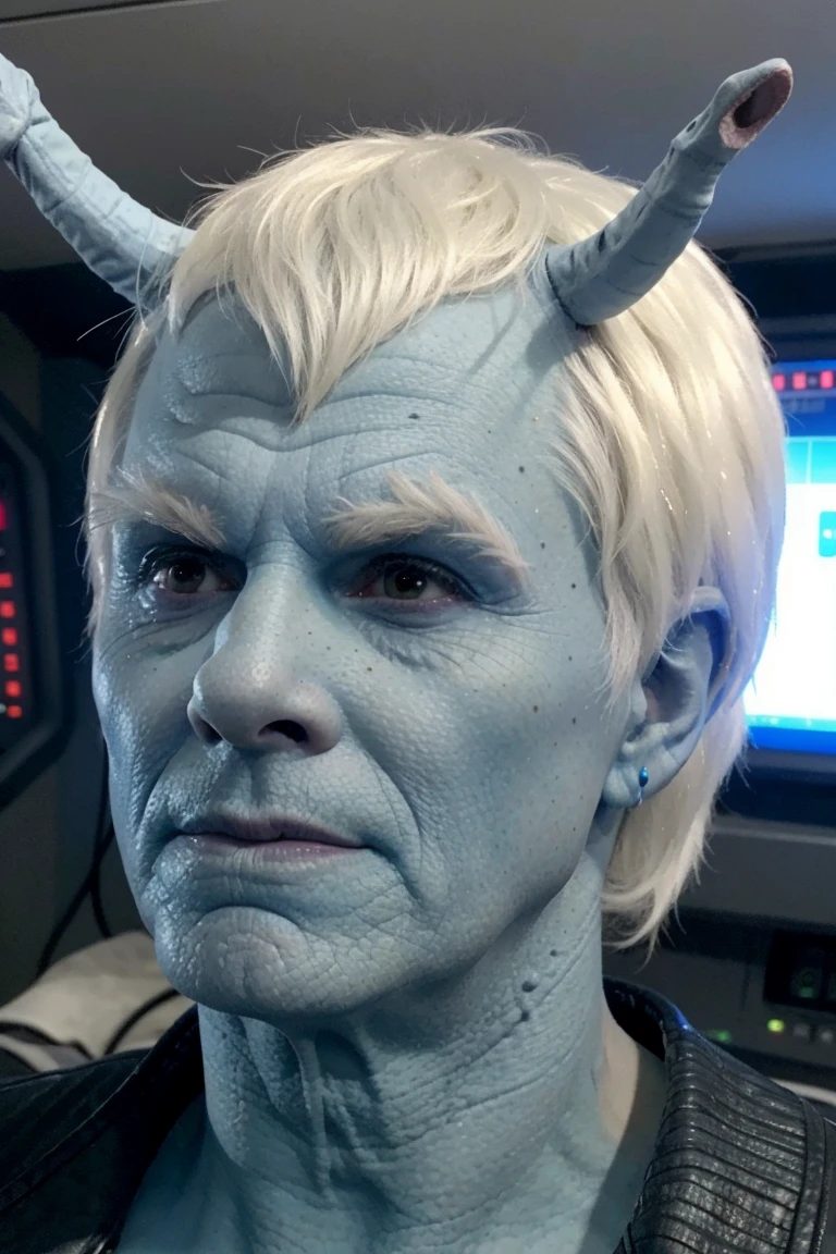 headshot of andorian man, white hair, white eyebrows, blue skin, antennae, shirt, scifi starship interior, <lora:race_st_andorian:0.75>