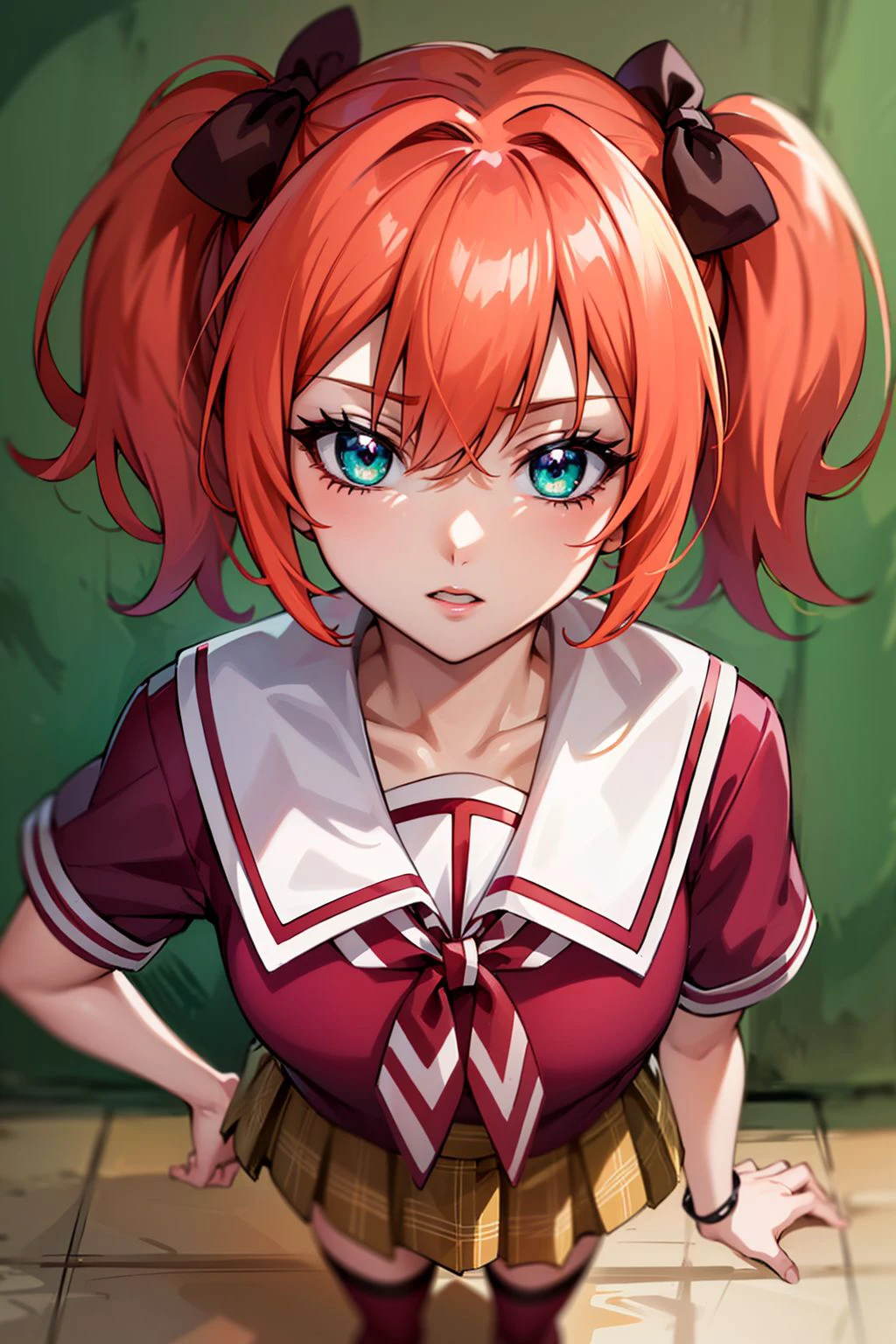 shuzen kokoa, red hair, short hair, twintails, hair bow, green eyes, school uniform, red shirt, short sleeves, white sailor collar, pink ribbon, plaid skirt, black thighhighs, bow shoes, looking at viewer, (masterpiece:1.4), (best quality:1.4), (absurdres:1.0), (intrincate), (full sharp), (extremely detailed:1.5), (exquisite details), (high definition), (anime, anime coloring:1.35),  <lora:Shuzen Kokoa (Rosario + Vampire):0.7>