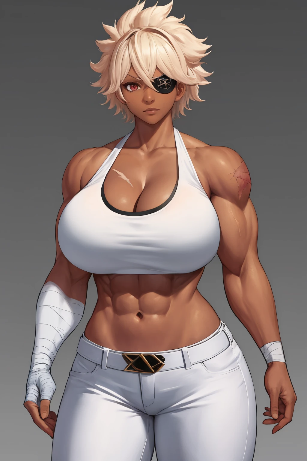 masterpiece, best quality, 1girl, solo, standing, <lora:debonairdiamond-rh-richy-v1:1> debdia, eyepatch, muscular female, dark-skinned female, huge breasts, cleavage, crop top, white pants, bandages, scar