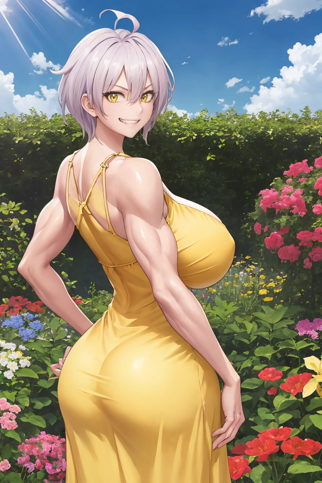 masterpiece, best quality, 1girl, solo, standing, <lora:manyuukagefusa-mh-richy-v1:1> kagefusa, ahoge, (yellow sundress:1.4), garden, sunbeam, day, sky, beautiful, huge ass, grin, huge breasts, muscular female, looking at viewer, looking back