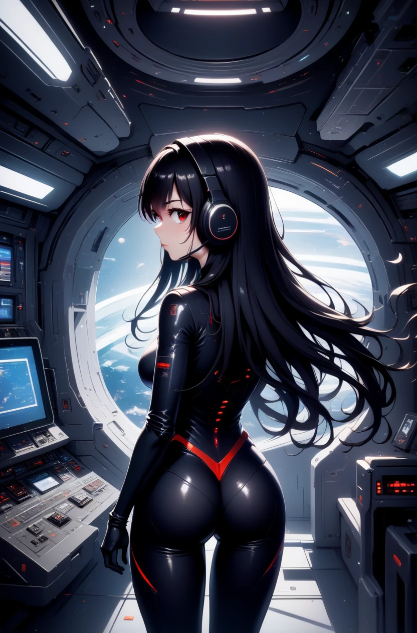 1girl, long hair, red eyes, black hair, bodysuit, science fiction, spacecraft interior, floating hair, headset, from behind, looking back,