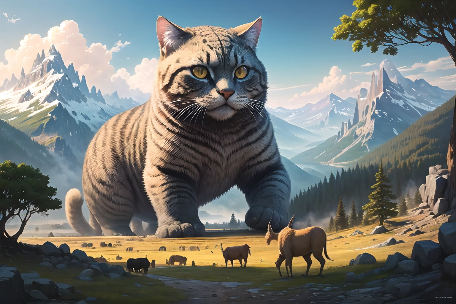 hires,high resolution, intricate, (detailed background), masterpiece, best quality, landscape, scenery, <lora:Grand Scale:1>, mountains, giant tress, giant cat, animal