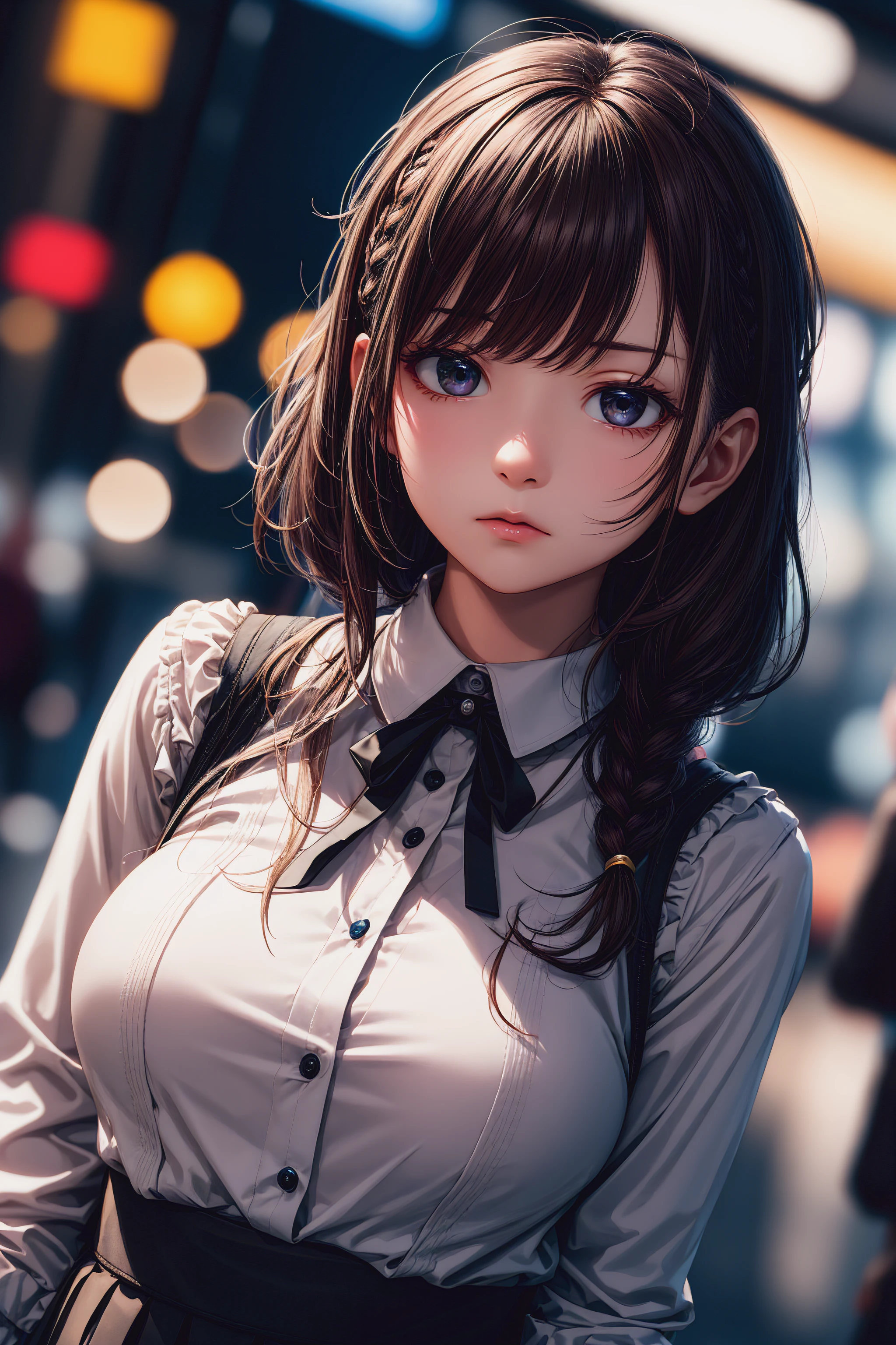 4k wallpaper,
highres,
kawaii,cute,
1 girl, solo,
ecru hair, french braid, bangs,
black eyes,
dutch angle,
vexed,
High-neck blouse with a pleated front and ruffled collar,
large breasts, 
BREAK
simple background,bokeh