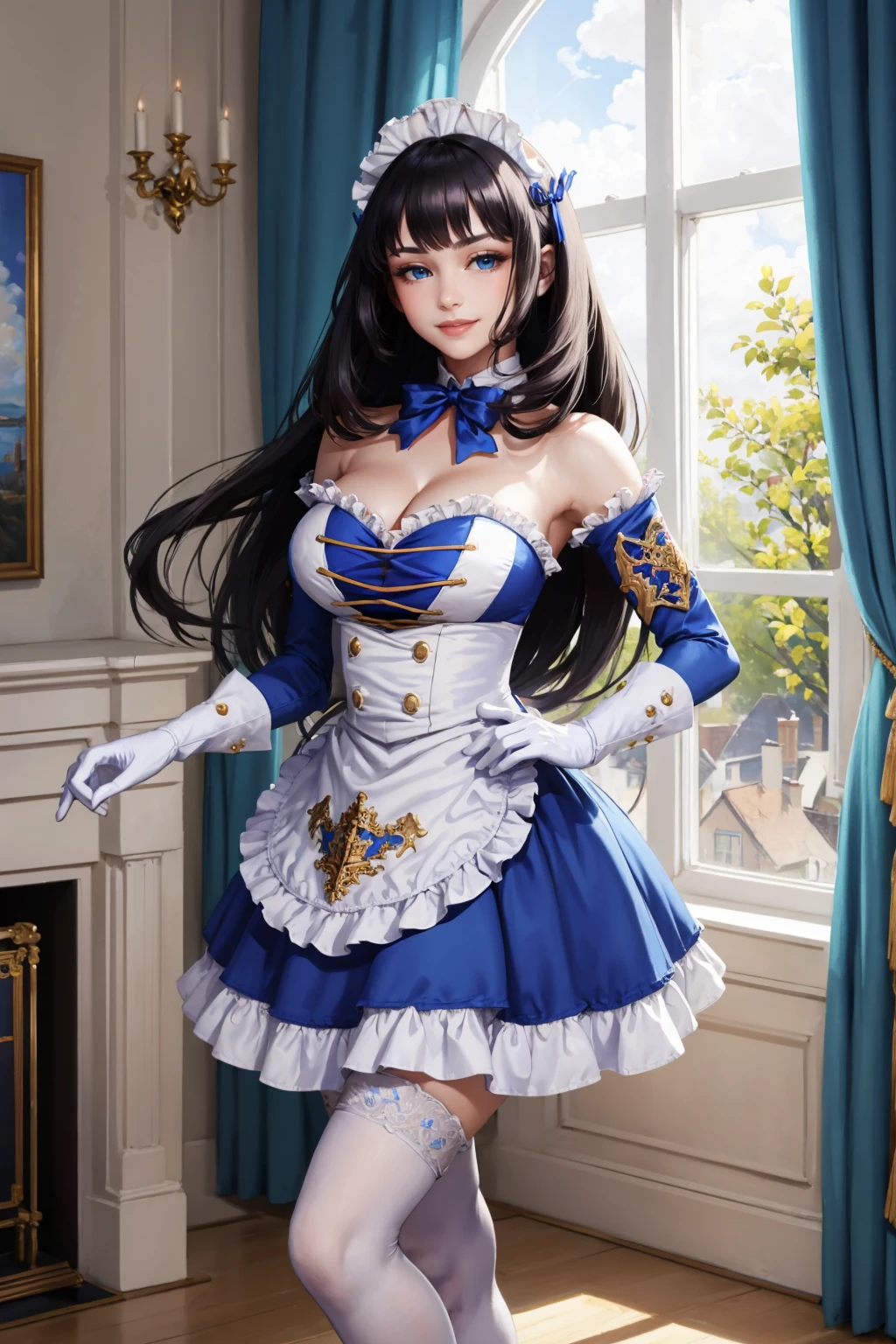 (masterpiece, best quality, extremely detailed CG, absurdres, official art, beautiful and aesthetic, 4K, 8K:1.2) 1girl, solo, mature female, MILF, Marianne_Vi_Britannia, black hair, blunt bangs, long hair, purple eyes, lipstick, makeup, large breasts, narrow waist, wide hips, seductive smile,
BREAK (skirt lift:1.2), panties, thighhighs, blue jacket, white shirt, blue skirt, black choker, white ruffled choker, pink rose on choker, Victorian Style Dress, indoors, <lora:Marianne_Vi_Britannia:0.8>