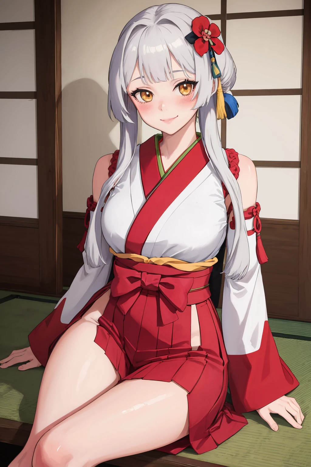 ((master part)), ((best quality)), (ultra-detalhado), ((kawaii)), fofo, (Lovely), ((sexy)), (Foi:1.3), ((extremamente detalhado)), 4k, (8k), best quality, (Beautiful), illustration, estilo anime, Pintura, Dynamic angle, cowboy shot, de baixo, Japanese-style room in dramatic style, Sente-se em uma mesa, (Poses for erotic photo albums), Espalhe as pernas, gradation, foco de corpo inteiro, Menina fofa s, 1girl em, sozinho, Japanese miko costume, cabelos pretos, Cute random colored eyes, ((Olhos bonitos)), de pele branca, Hairstyle Random, Glutes, (Seios colossais), (Sorriso), sorriso, (corar:1.5), suar, efeito espumante, Reflexo da lente, brilhante-cintilante, Brilhando
