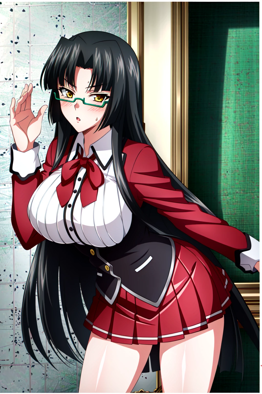 (extremely detailed CG unity 4k wallpaper),(masterpiece),(ultra quality),(ultra-detailed),(best illustration),(best shadow),(absurdres),(detailed background), <lora:OGT_Tsubaki_Shinra-v2:1> Tsubaki Shinra, 1girl, breasts, solo, long hair, black hair, glasses, large breasts, skirt, school uniform, looking at viewer, very long hair, blush, green-framed eyewear, yellow eyes, leaning forward, semi-rimless eyewear, pleated skirt, brown eyes