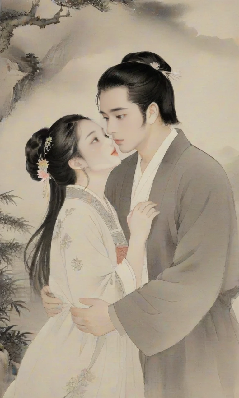 8k, masterpiece, best quality, 2D, traditional chinese ink painting,
1 lovely face girl , 1 handsome face boy, the man's hand is holding the girl's hand,nice hands, the man is kissing the girl,
background is sky,
ink, <lora:watercolor-ink-sketch-v1:0.4>