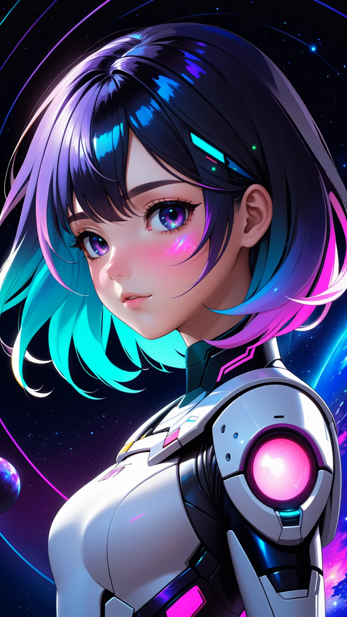 masterpiece, best quality, 1girl, gradient hair, very detailed skin, detailed skin pores, raytracing, dark background, low lighting, galaxy background, glitched face effect