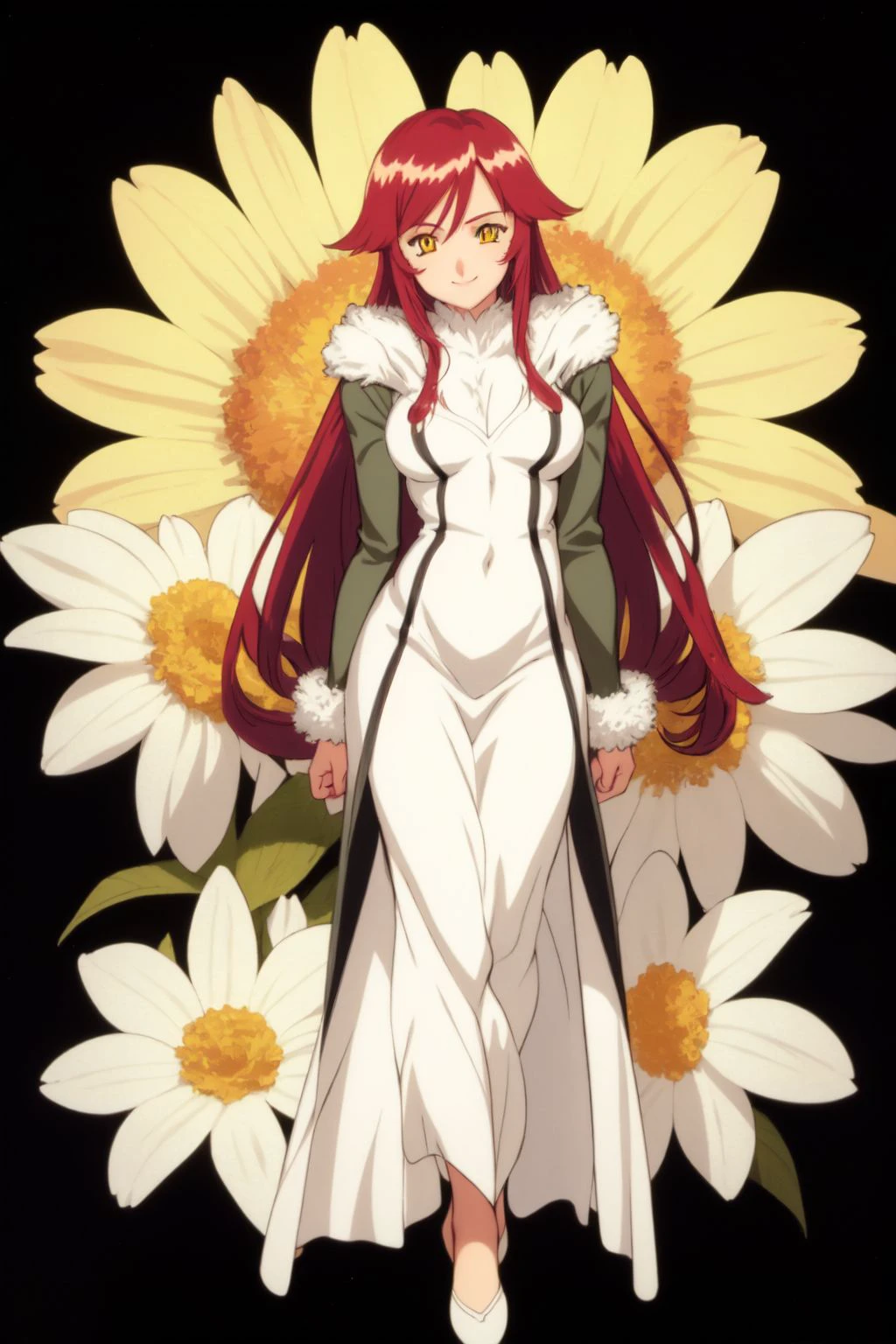 full body, solo, 1girl, looking at viewer, smile, blush, medium breasts, red hair, comb over, yellow eyes, beautiful detailed face, ultra detailed eyes, light grey fur coat, backlighting, Myrtle \(flower\), floral background <lora:fujishima_kousuke_style_v04:1>