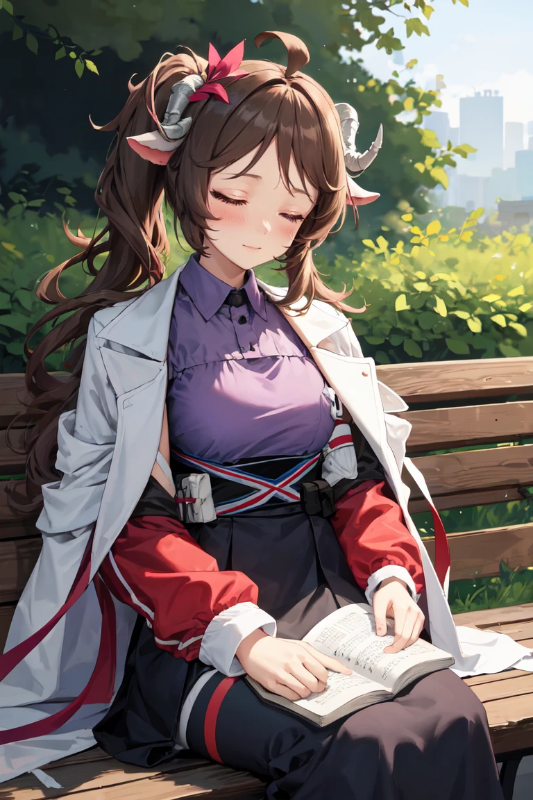 masterpiece, best quality, absurdres, EyjafjallaMedic, side ponytail, curled horns, ahoge, white coat, purple shirt, black skirt, black skirt, sitting, outdoors, bench, sleeping, blush, happy, peaceful, <lora:CHAR-Eyjafjalla:1>