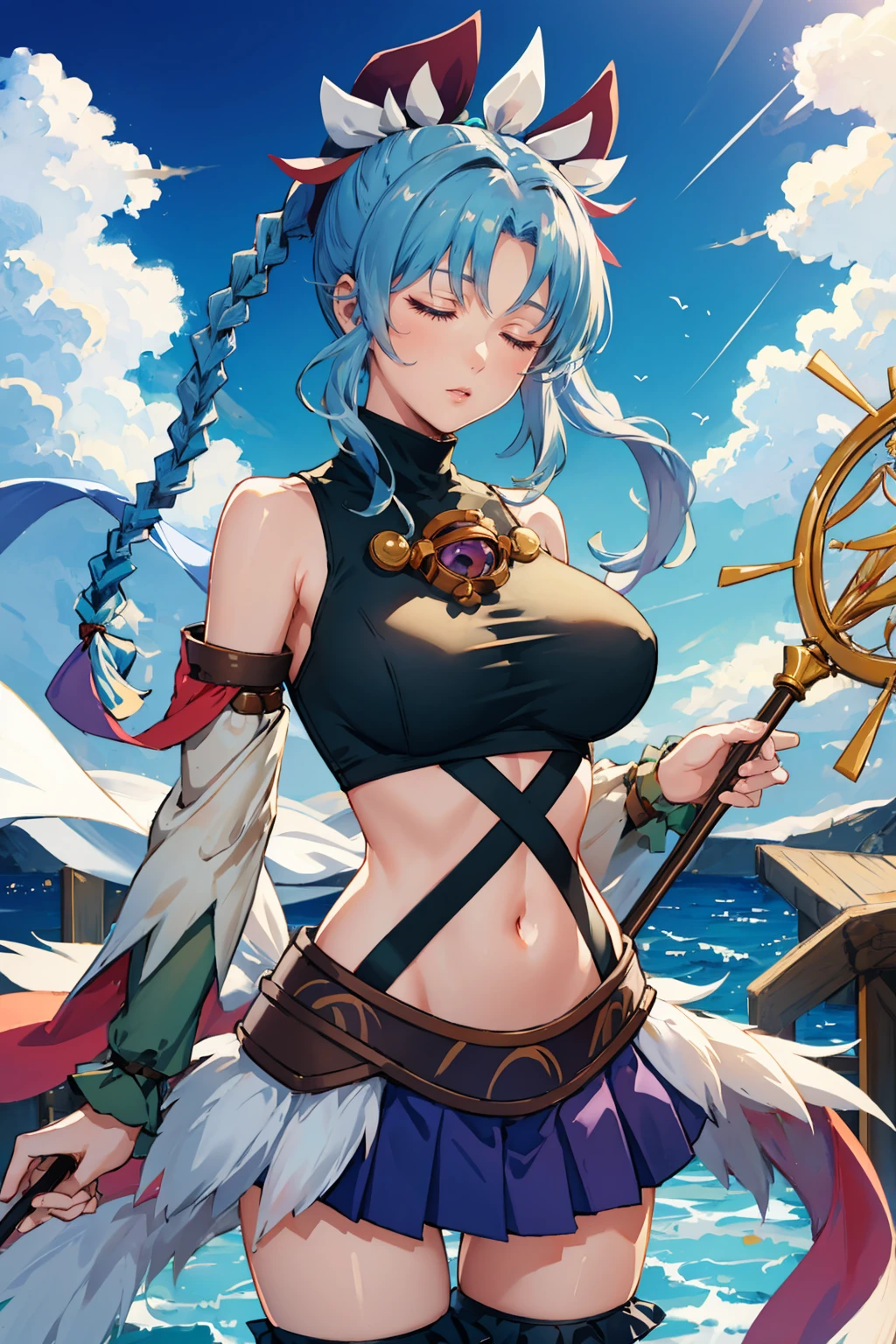 flat chests, nsfw, masterpiece, 1 girl, erect nipples, intricately detailed, topless, navel, bare shoulders, necklace, blue hair, embarrassed, loincloth, sea, rock, gold trimmings, gold headwear, lake, blue sky, extremely detailed, photorealistic, octane render, 8 k, unreal engine, bare breasts, , closed eyes, carrying staff, blue gemstone, fantasy, enchanted, trident, magical, mage, bare stomach, sweaty, moist breath, child, arm strap, 1 side braid
