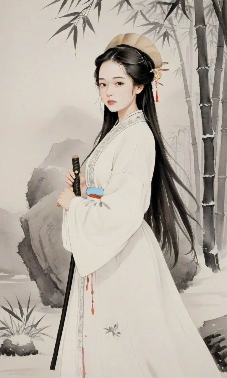 8k, masterpiece, best quality, 2D, traditional chinese ink painting,
ink, <lora:watercolor-ink-sketch-v1:0.4>,
1 girl is holding a sword, (face with mask:1.2), big Chinese bamboo hat on her head, long hair, looking at viewer, white traditional chinese long clothes,
background is many snow, white snow,