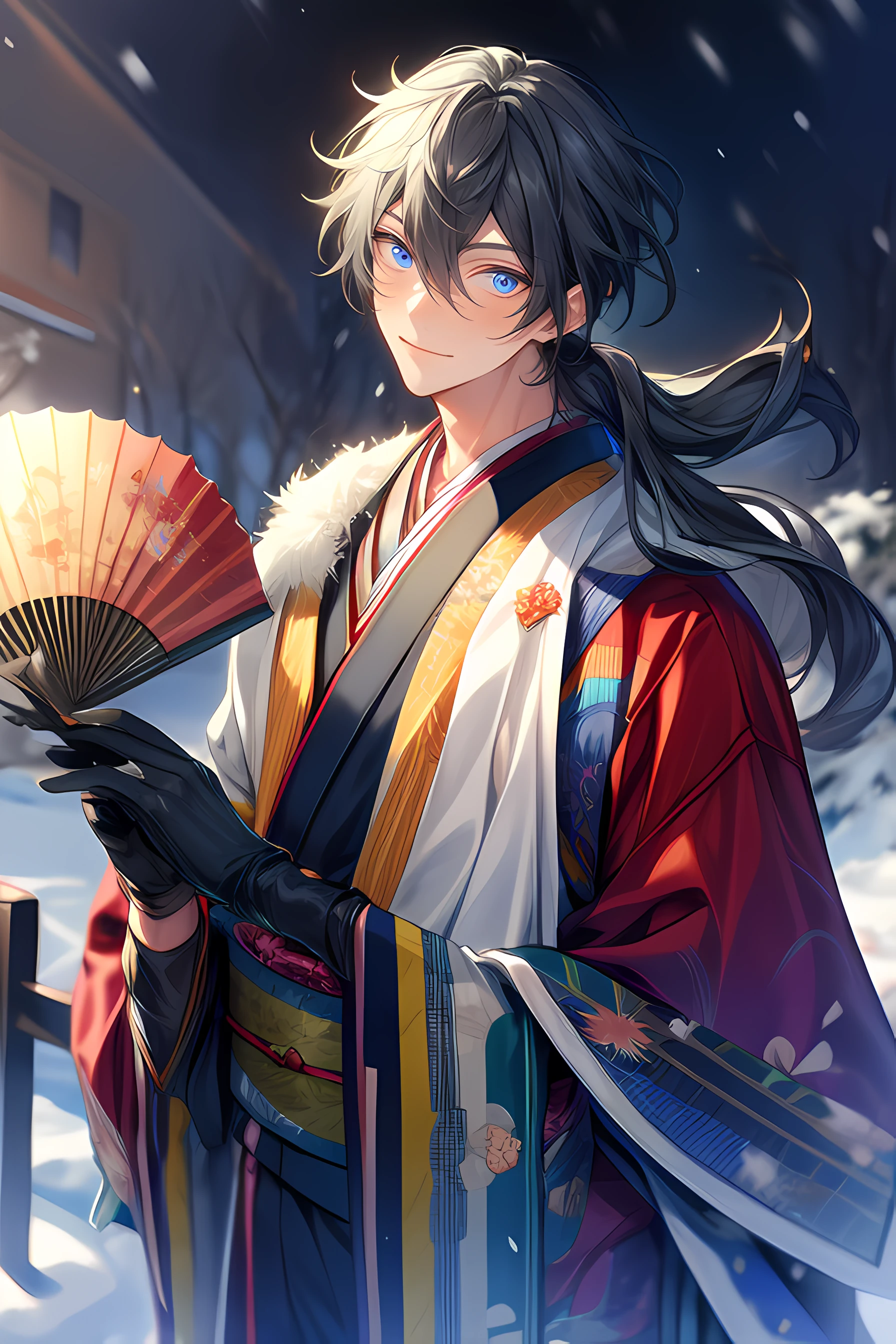 ae guy in a japanese clothes holding a fan in his hand in the snow, 1boy, male focus, hand fan, holding fan, black gloves, gloves, solo, holding, folding fan, japanese clothes, looking at viewer, kimono, niki, dark gray hair, blue eyes, low ponytail, photorealistic, scenery,